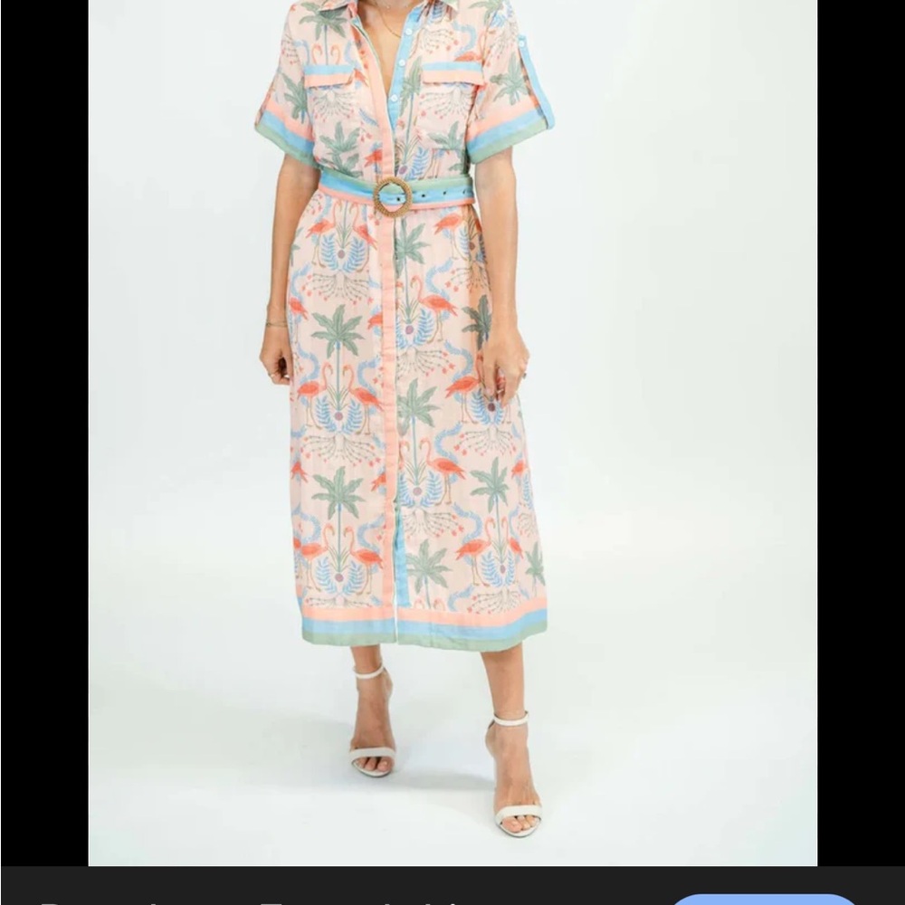 Pastel Peach Tropical Belted Midi Shirt Dress